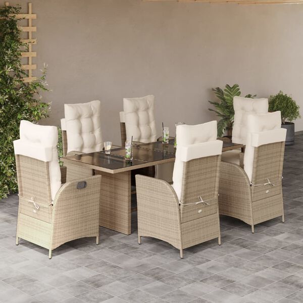 vidaXL 7-tlg. Garten-Essgruppe mit Kissen Beige Poly Rattan