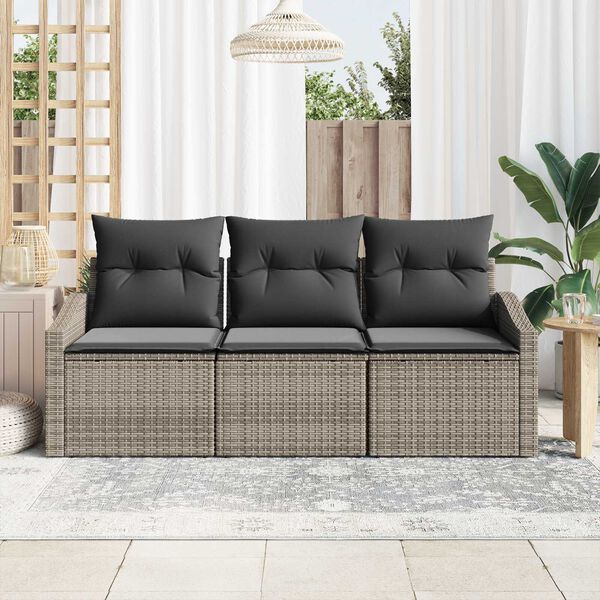 vidaXL Gartensofa-set mit Kissen mit Speicher 3 pcs Grau Poly-Rattan