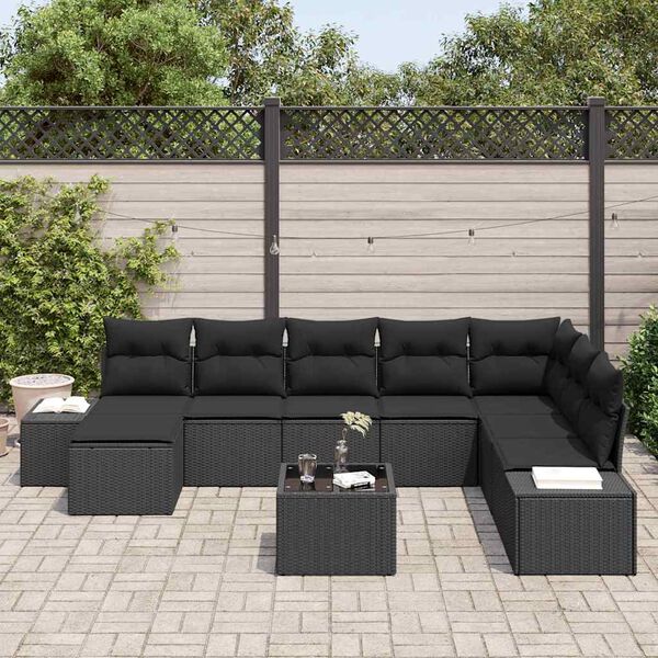 vidaXL Garten-Sofa-Set mit Kissen 8 pcs Schwarz Poly-Rattan