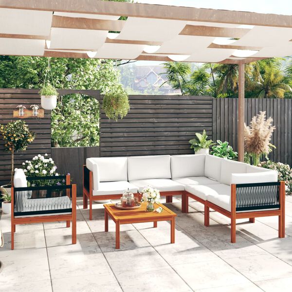vidaXL 7-tlg. Garten-Lounge-Set mit Kissen Cremefarbenes Holz Akazie & Seil