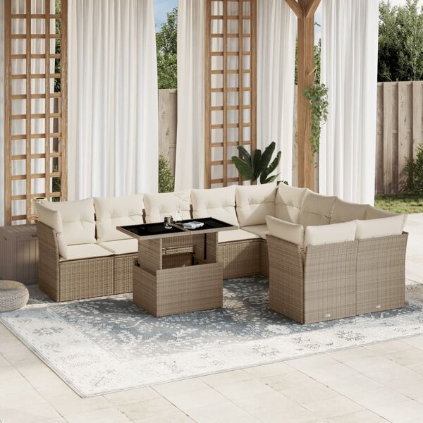 vidaXL 10-tlg. Garten-Sofagarnitur mit Kissen Beige Poly Rattan