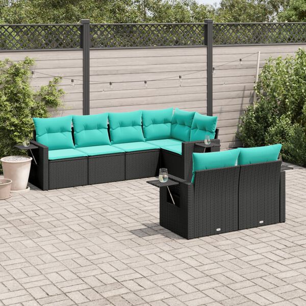 vidaXL 7-teiliges Gartensofa-Set mit Kissen, schwarzes Polyrattan