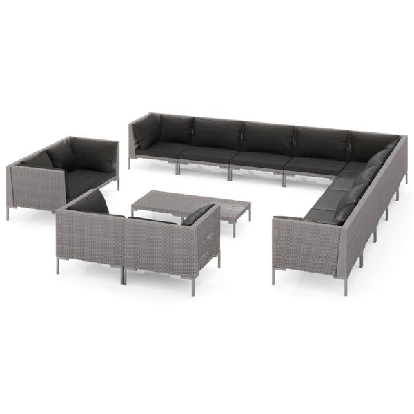 vidaXL 14-tlg. Garten-Lounge-Set mit Kissen Poly Rattan Dunkelgrau