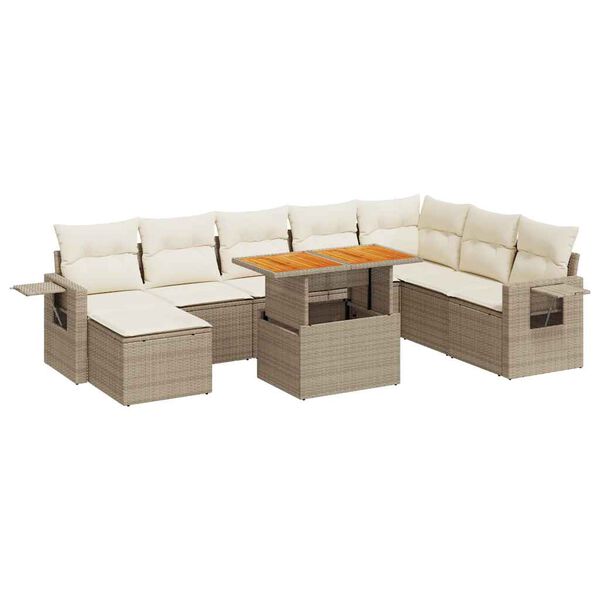 vidaXL 9-tlg. Garten-Sofagarnitur mit Kissen Beige Poly Rattan