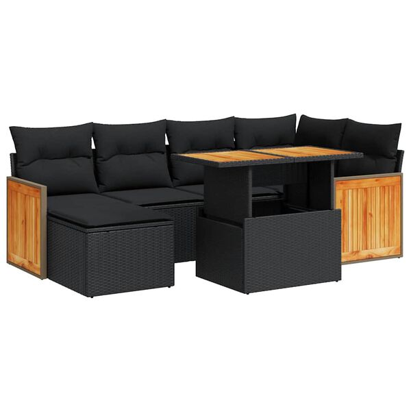 vidaXL 7-tlg. Garten-Sofagarnitur mit Kissen Schwarz Poly Rattan