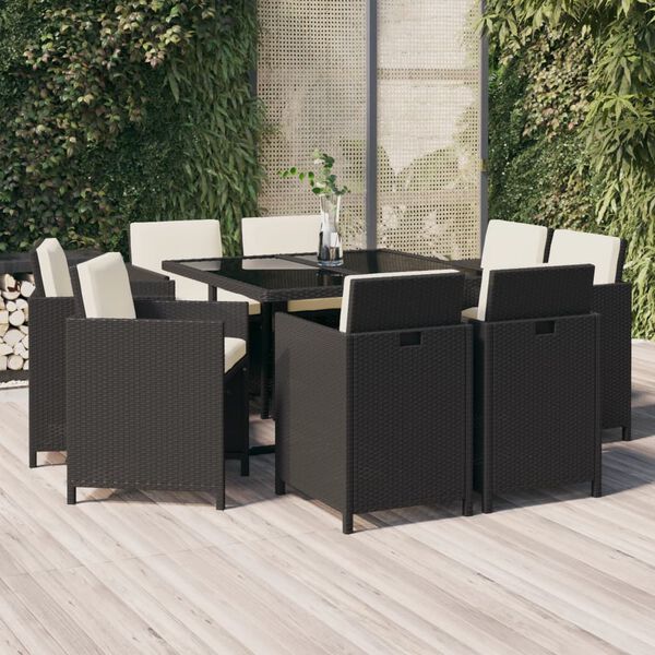 vidaXL 9-tlg. Garten-Essgruppe mit Auflagen Poly Rattan Schwarz