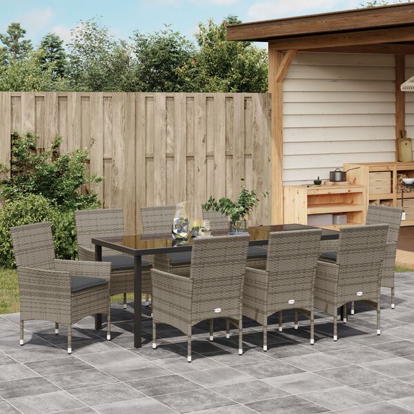 vidaXL Garten Essgruppe mit Kissen 9 pcs Grau Poly-Rattan