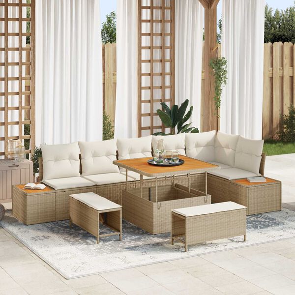 vidaXL Gartensofa-set mit Kissen mit Speicher 9 pcs Beige Poly Rattan