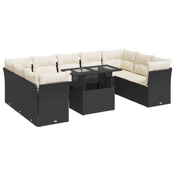 vidaXL 10-tlg. Garten-Sofagarnitur mit Kissen Schwarz Poly Rattan