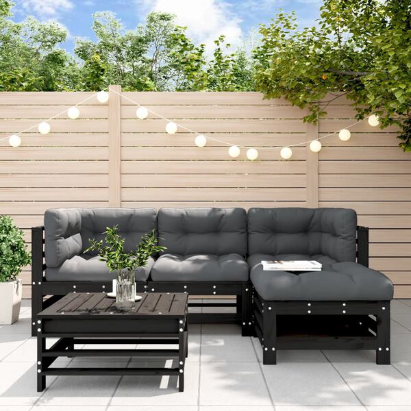 vidaXL 5-tlg. Garten-Lounge-Set mit Kissen Schwarz Massivholz