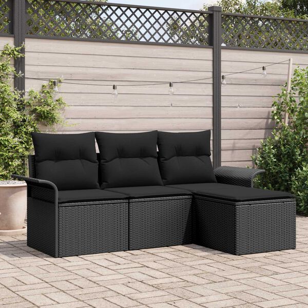 vidaXL Garten-Sofa-Set mit Kissen 4 pcs Schwarz Poly Rattan
