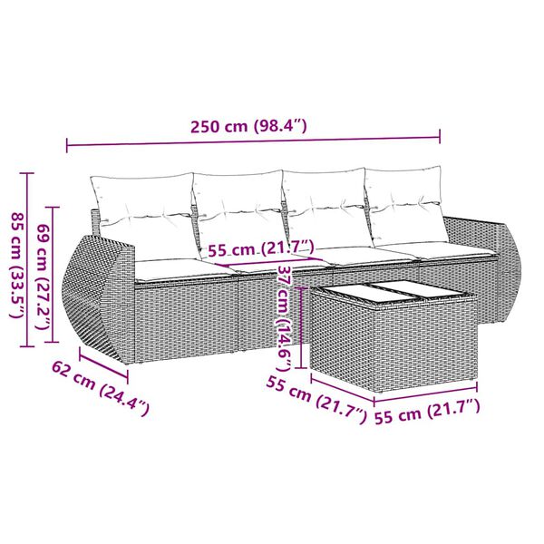 vidaXL 5-tlg. Garten-Sofagarnitur mit Kissen Schwarz Poly Rattan
