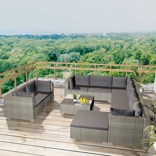 vidaXL 10-tlg. Garten-Lounge-Set mit Auflagen Poly Rattan Grau