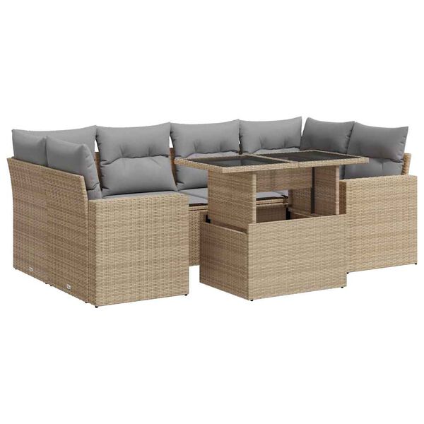 vidaXL 7-tlg. Garten-Sofagarnitur mit Kissen Beige Poly Rattan