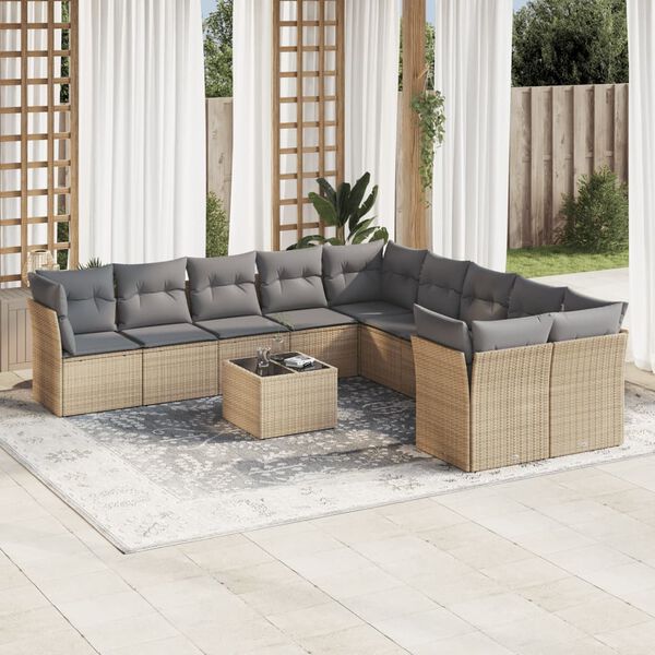 vidaXL 11-tlg. Garten-Sofagarnitur mit Kissen Beige Poly Rattan