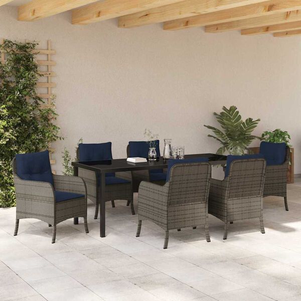 vidaXL Garten Essgruppe mit Kissen 7 pcs Grau Poly-Rattan