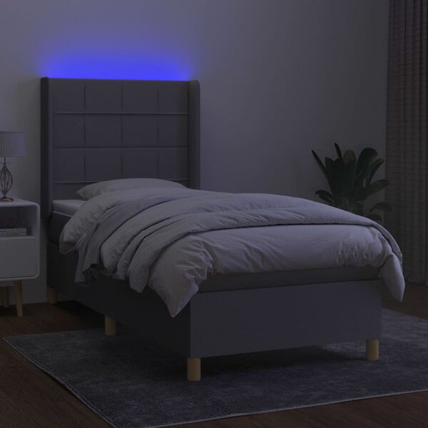 vidaXL Boxspringbett mit Matratze & LED Hellgrau 90x200 cm Stoff
