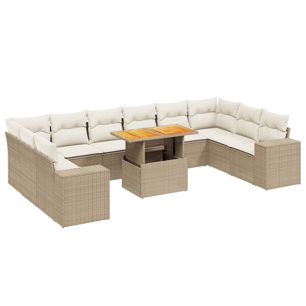 vidaXL 11-tlg. Garten-Sofagarnitur mit Kissen Beige Poly Rattan
