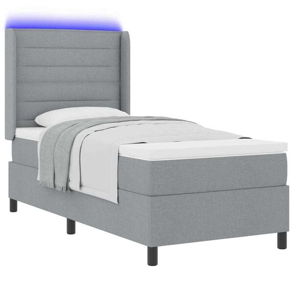vidaXL LED Boxspringbett mit Matratze Hellgrau 90 x 200 cm Stoff