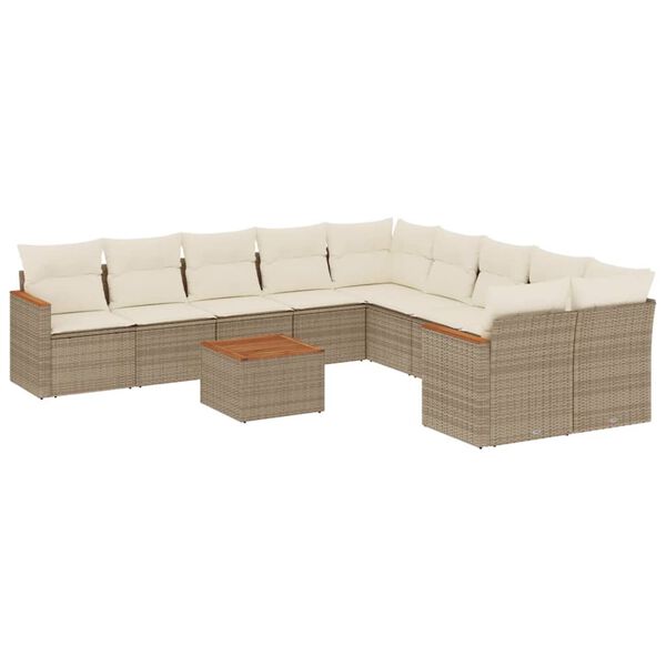 vidaXL 11-tlg. Garten-Sofagarnitur mit Kissen Beige Poly Rattan