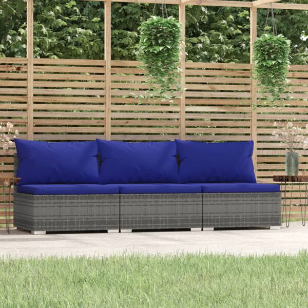 vidaXL 3-Sitzer-Sofa mit Kissen Grau Poly Rattan