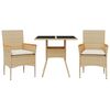 vidaXL 3-tlg. Garten-Essgruppe mit Kissen Beige Poly Rattan und Glas