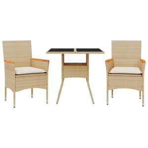 vidaXL 3-tlg. Garten-Essgruppe mit Kissen Beige Poly Rattan und Glas