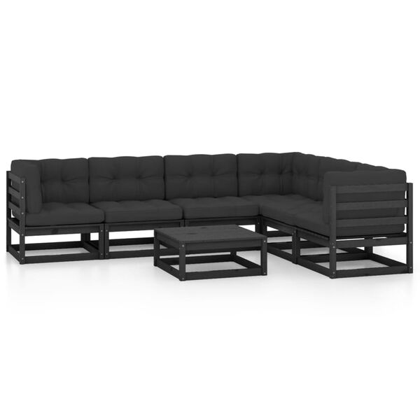 vidaXL 7-tlg. Garten-Lounge-Set mit Kissen Schwarz Massivholz Kiefer