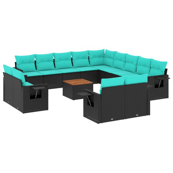 vidaXL 14-teiliges Gartensofa-Set mit Kissen, schwarzes Polyrattan