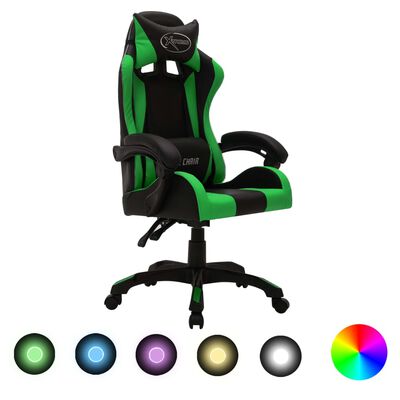 vidaXL Gaming-Stuhl mit RGB LED-Leuchten Grün und Schwarz Kunstleder