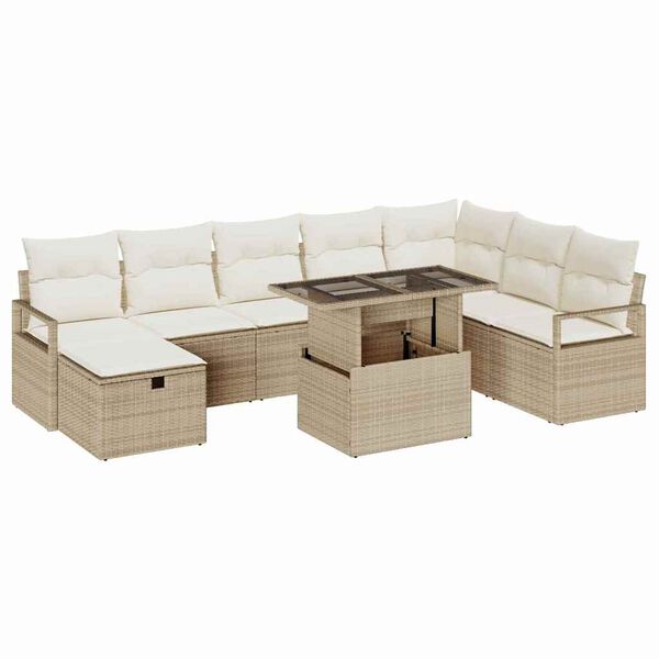 vidaXL Garten-Sofa-Set mit Kissen mit Speicher 9 pcs Beige Poly Rattan
