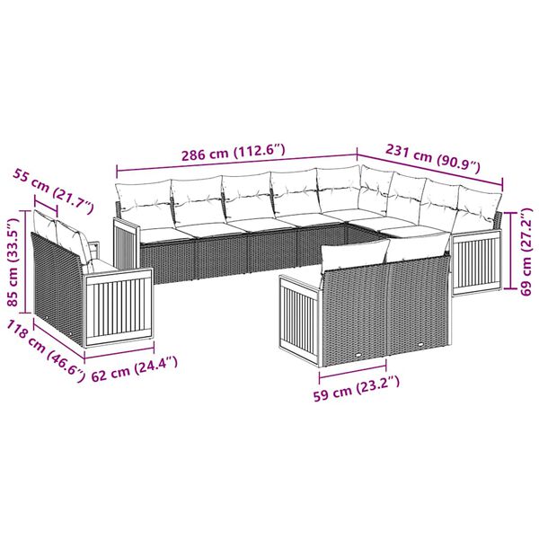 vidaXL 12-tlg. Garten-Sofagarnitur mit Kissen Schwarz Poly Rattan