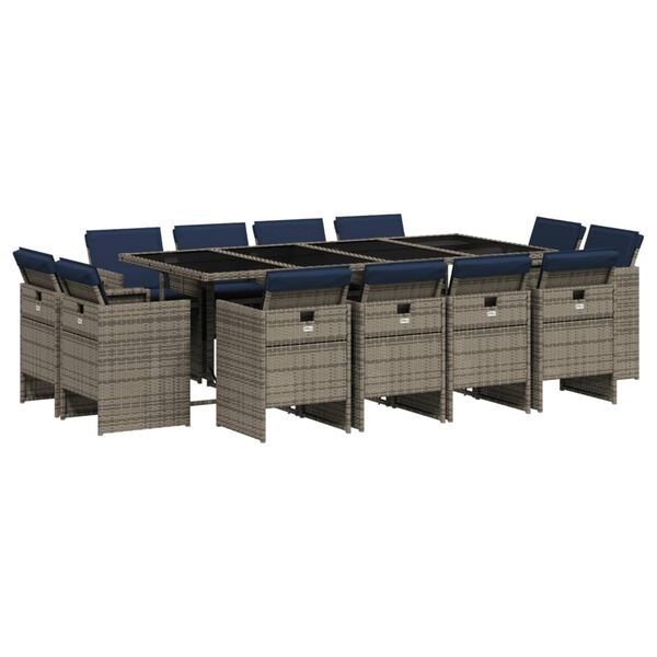 vidaXL 13-teiliges Garten-Ess-Set mit Kissen, grau, Polyrattan