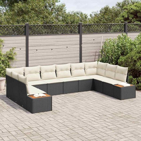 vidaXL Garten-Sofa-Set mit Kissen 10 pcs Schwarz und Creme Poly Rattan