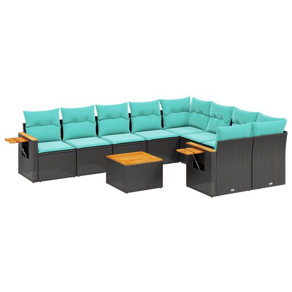 vidaXL 10-tlg. Garten-Sofagarnitur mit Kissen Schwarz Poly Rattan