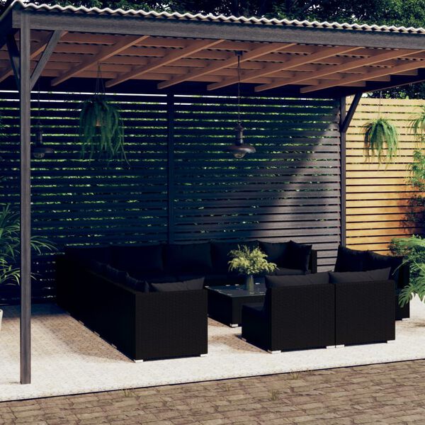 vidaXL 14-tlg. Garten-Lounge-Set mit Kissen Schwarz Poly Rattan