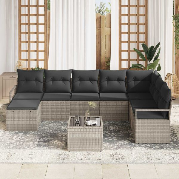 vidaXL Sofa Set mit Kissen mit Speicher 8 pcs Hellgrau Poly-Rattan