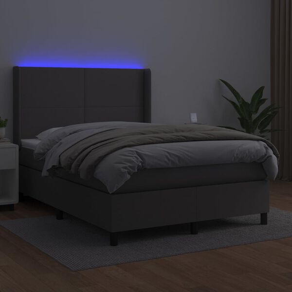vidaXL Boxspringbett mit Matratze & LED Grau 140x190 cm Kunstleder
