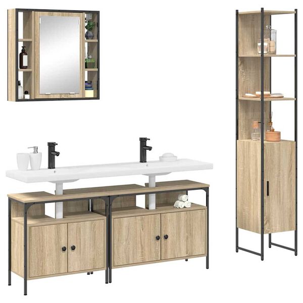 vidaXL Badezimmerm&ouml;bel-Set mit Regal 4 pcs Sonoma-Eiche Holzwerkstoff