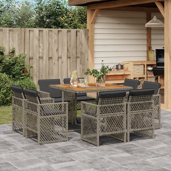vidaXL 9-tlg. Garten-Essgruppe mit Kissen Grau Poly Rattan