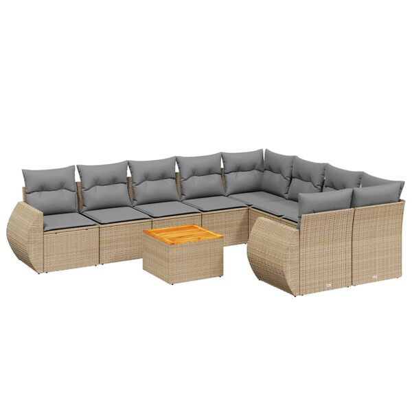 vidaXL 10-tlg. Garten-Sofagarnitur mit Kissen Beige Poly Rattan