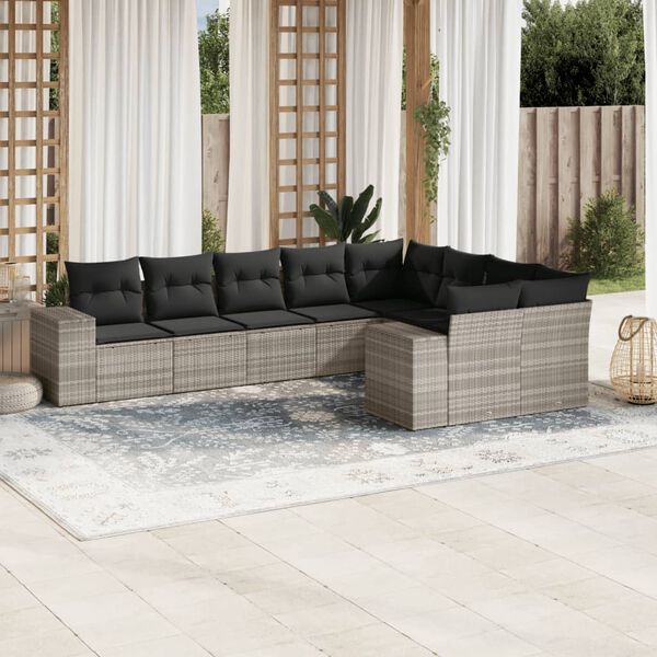 vidaXL 9-tlg. Garten-Sofagarnitur mit Kissen Hellgrau Poly Rattan