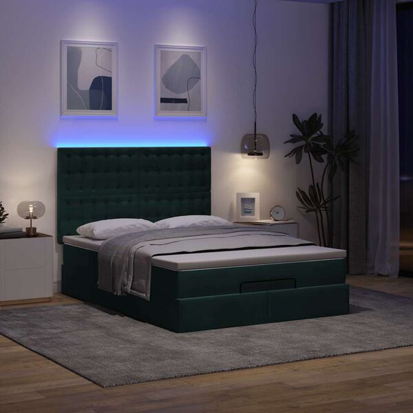 vidaXL Ottoman-Bett mit Matratzen & LEDs Dunkelgr&uuml;n 140x190 cm Samt