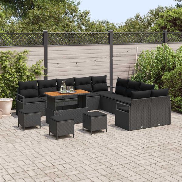 vidaXL Garten-Sofa-Set mit Kissen 14 pcs Schwarz Poly Rattan