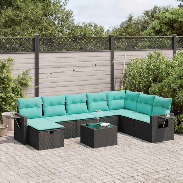 vidaXL 8-tlg. Garten-Sofagarnitur mit Kissen Schwarz Poly Rattan
