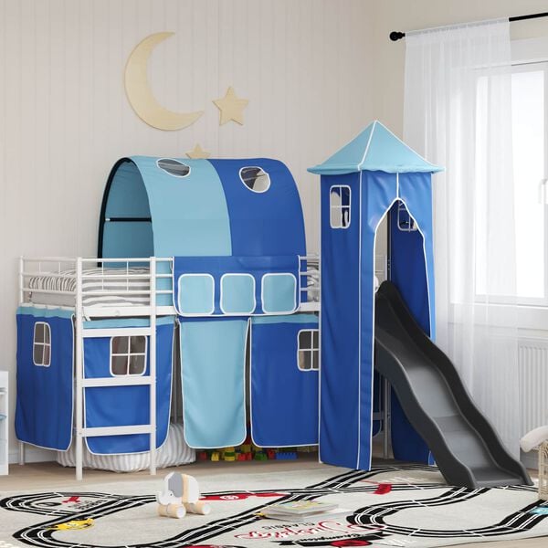 vidaXL Kinderloftbett Wei&szlig; und Blau 99,5 x 190 cm Metall