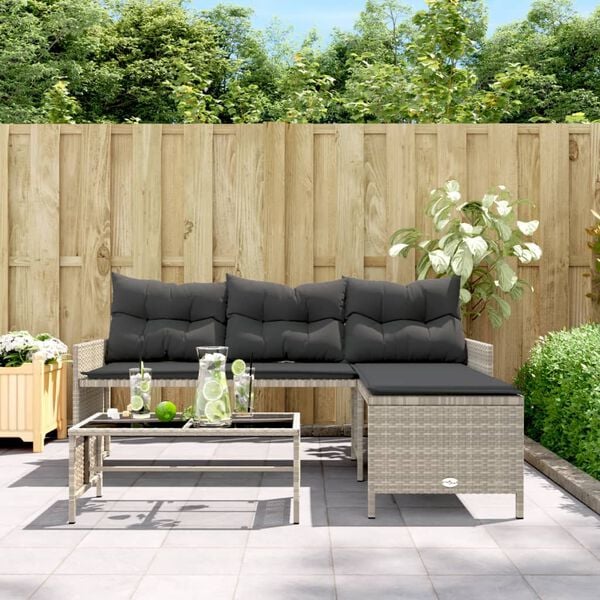 vidaXL Gartensofa in L-Form mit Tisch und Kissen Hellgrau Poly Rattan