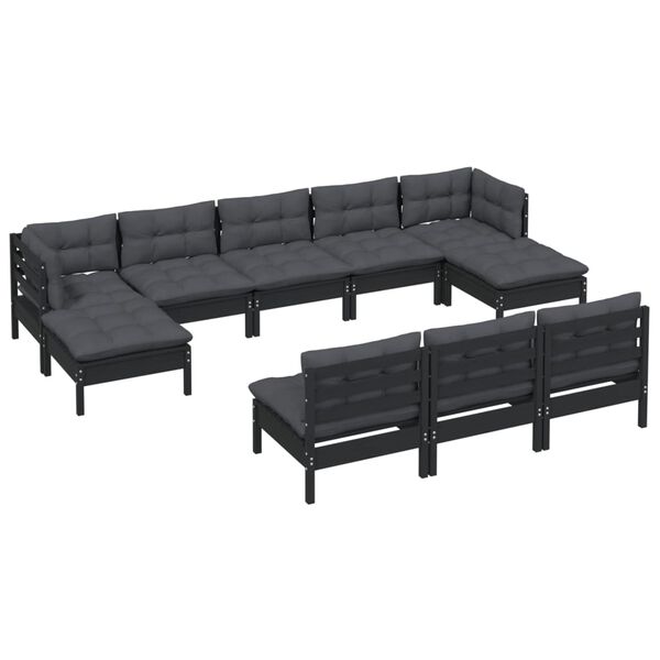 vidaXL 10-tlg. Garten-Lounge-Set mit Kissen Schwarz Kiefernholz