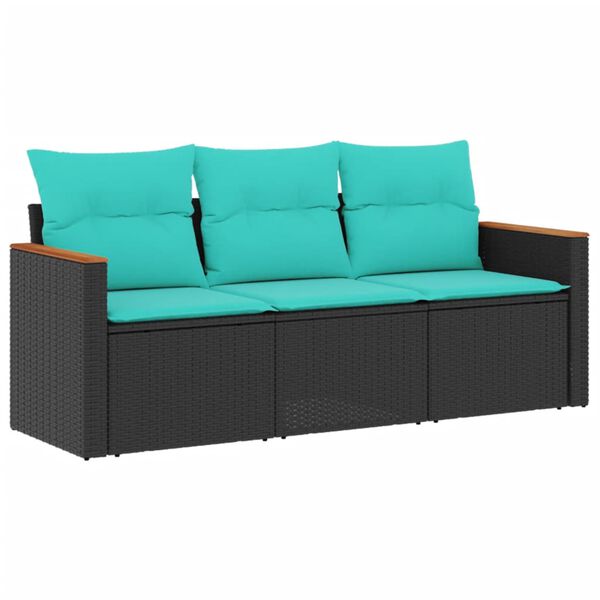 vidaXL 3-teiliges Gartensofa-Set mit Kissen, schwarzes Polyrattan
