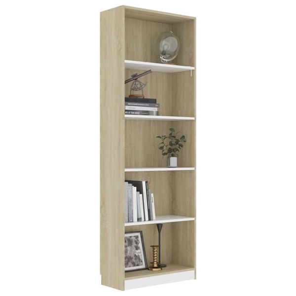 vidaXL B&uuml;cherregal 5 F&auml;cher Wei&szlig; Sonoma-Eiche 60x24x175 Holzwerkstoff